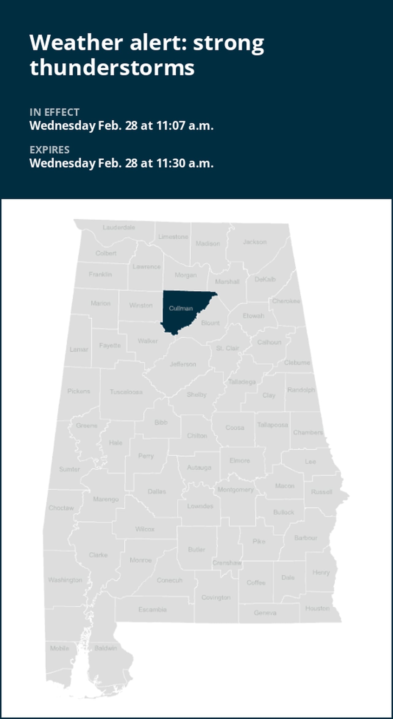 Pea-sized hail expected with thunderstorms to hit Cullman County Wednesday