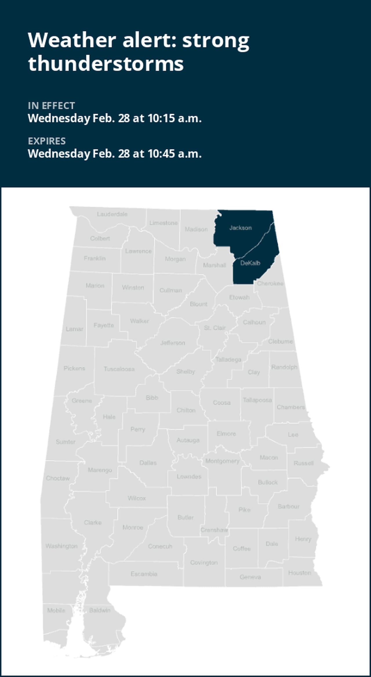 Thunderstorms with pea-sized hail in Jackson and DeKalb counties Wednesday