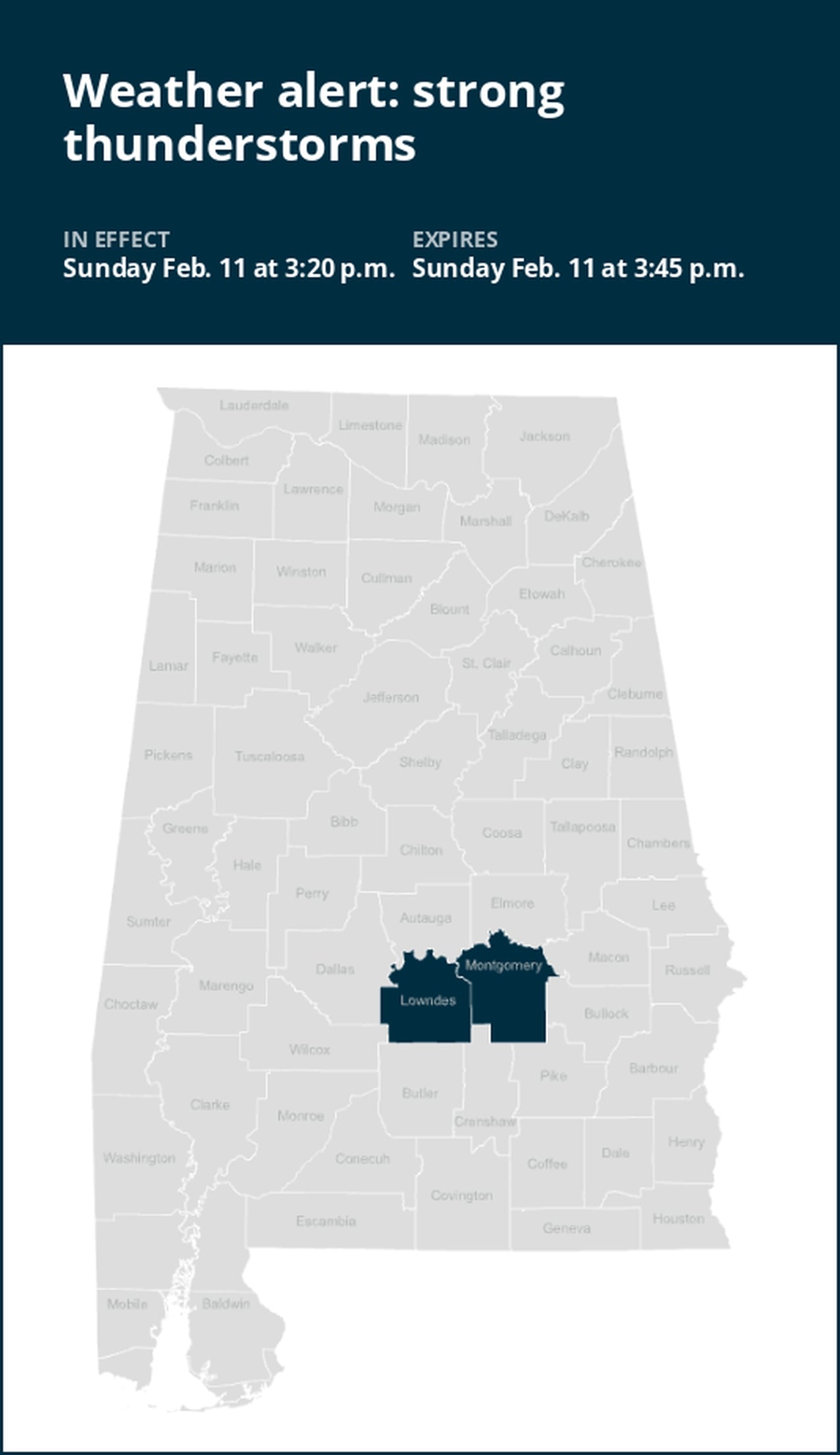 Thunderstorms with pea-sized hail in Lowndes and Montgomery counties Sunday