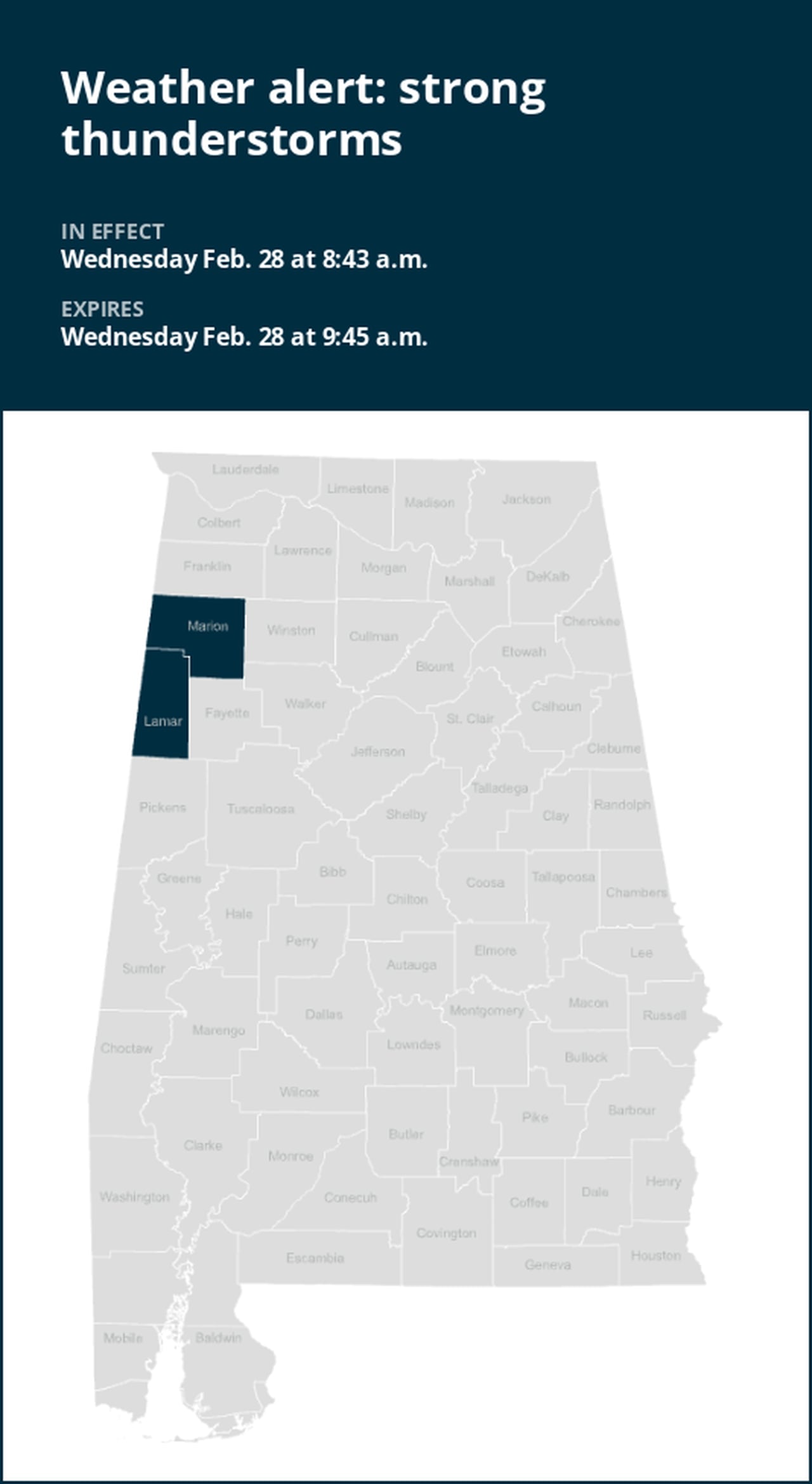 Thunderstorms with pea-sized hail in Marion and Lamar counties Wednesday