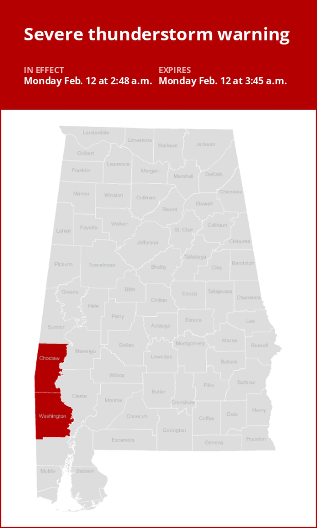 Thunderstorms with quarter-sized hail and damaging winds in Choctaw and Washington counties Monday