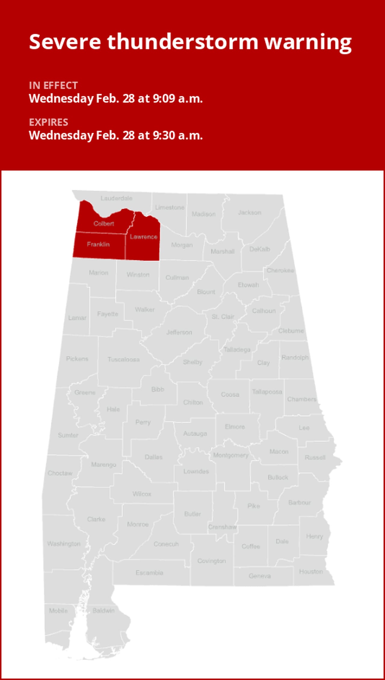 Update: Damaging winds and quarter-sized hail expected with thunderstorms to hit Northwest Alabama Wednesday