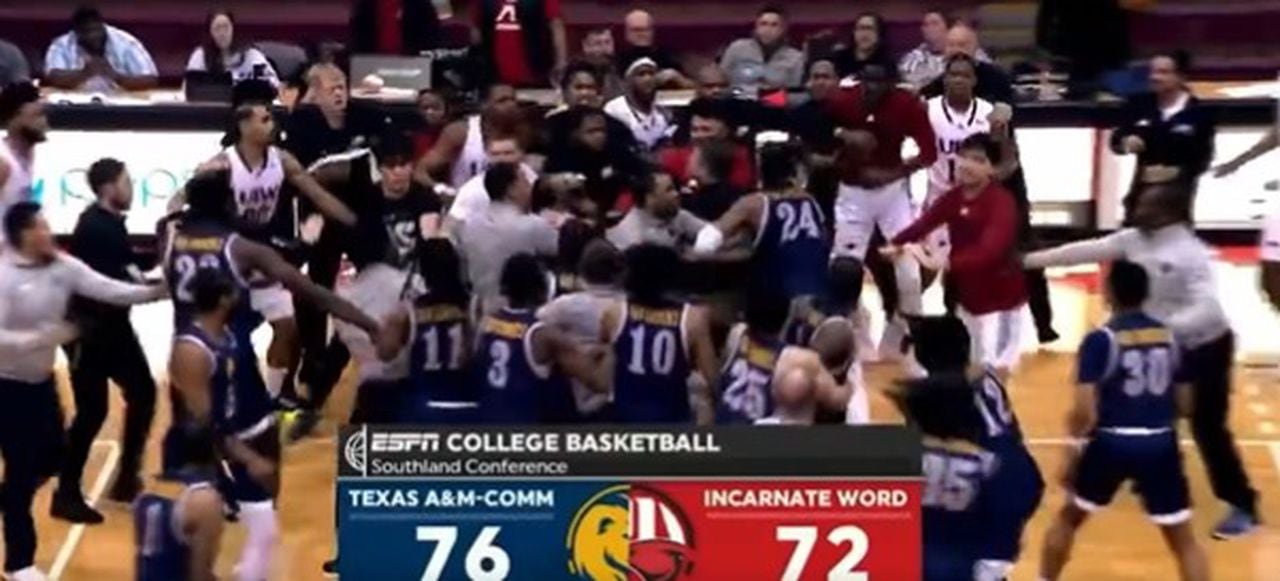 Watch college basketball game marred by postgame brawl