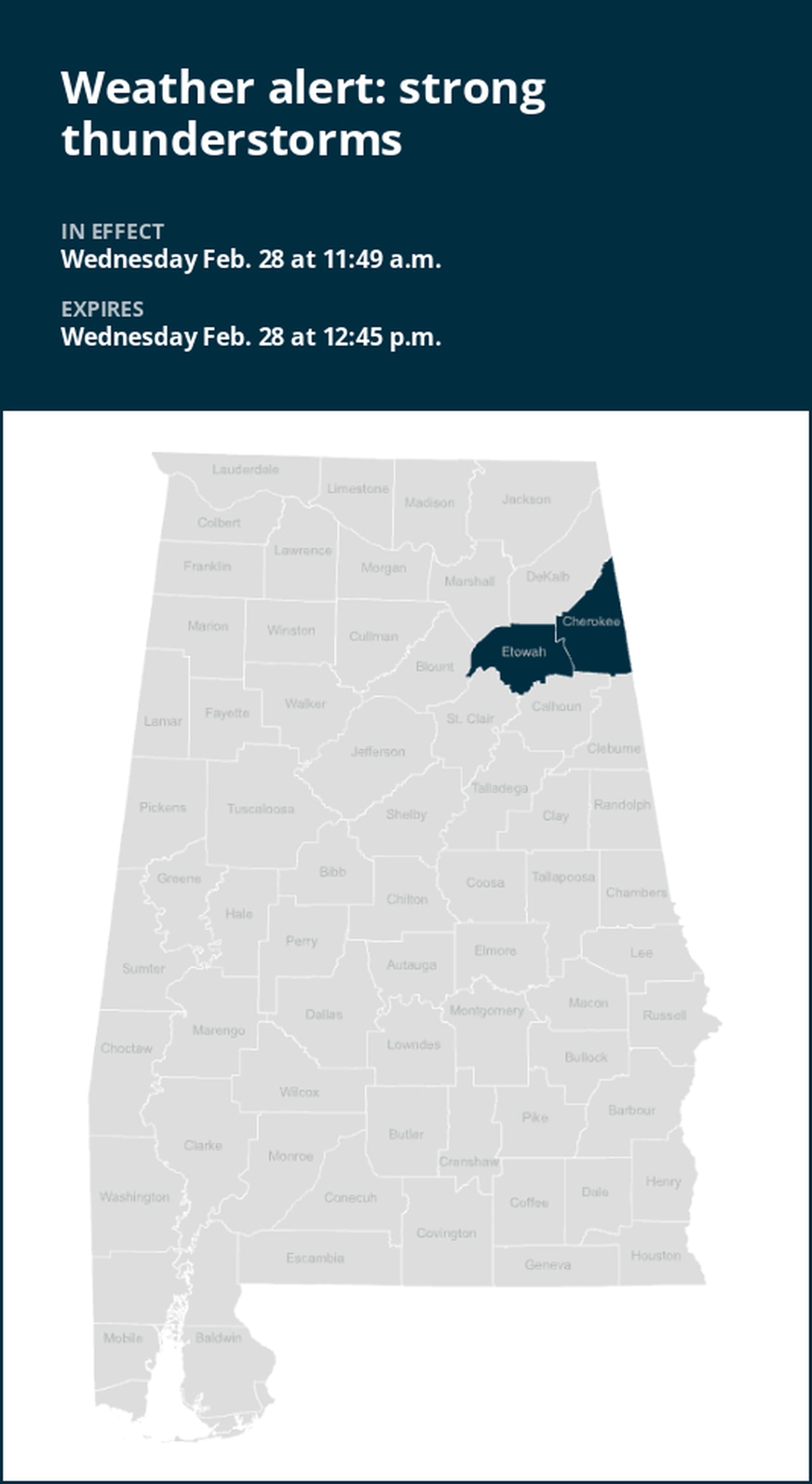 Weather alert for strong thunderstorms in Etowah and Cherokee counties Wednesday midday