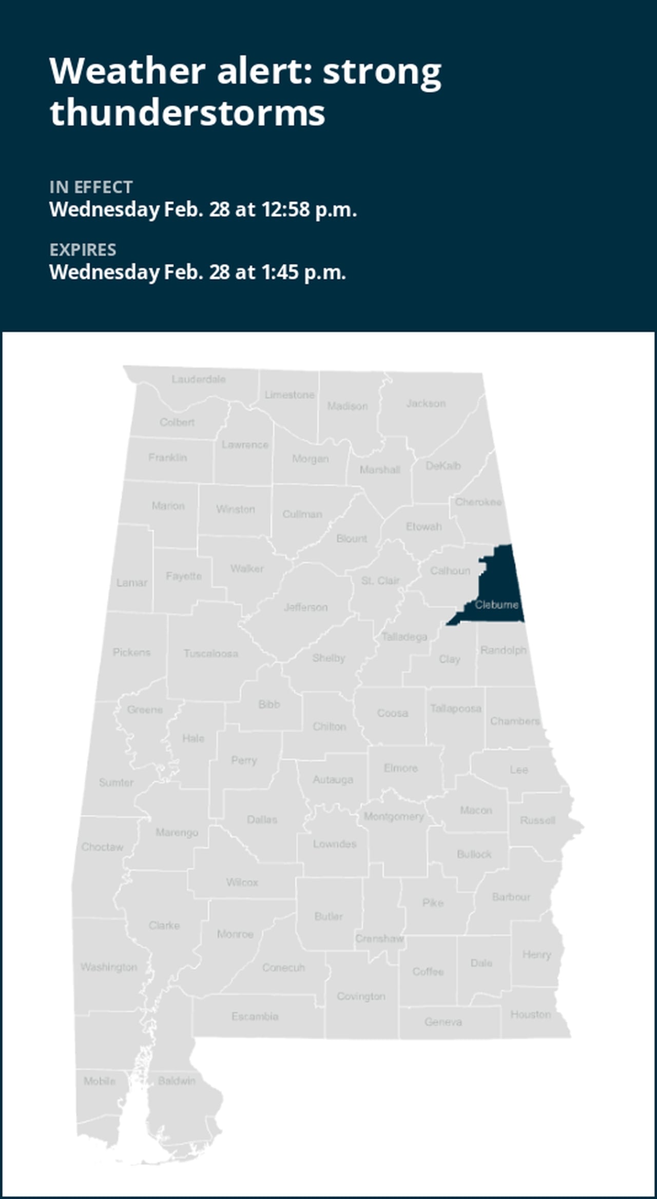 Weather alert issued for strong thunderstorms in Cleburne County Wednesday afternoon