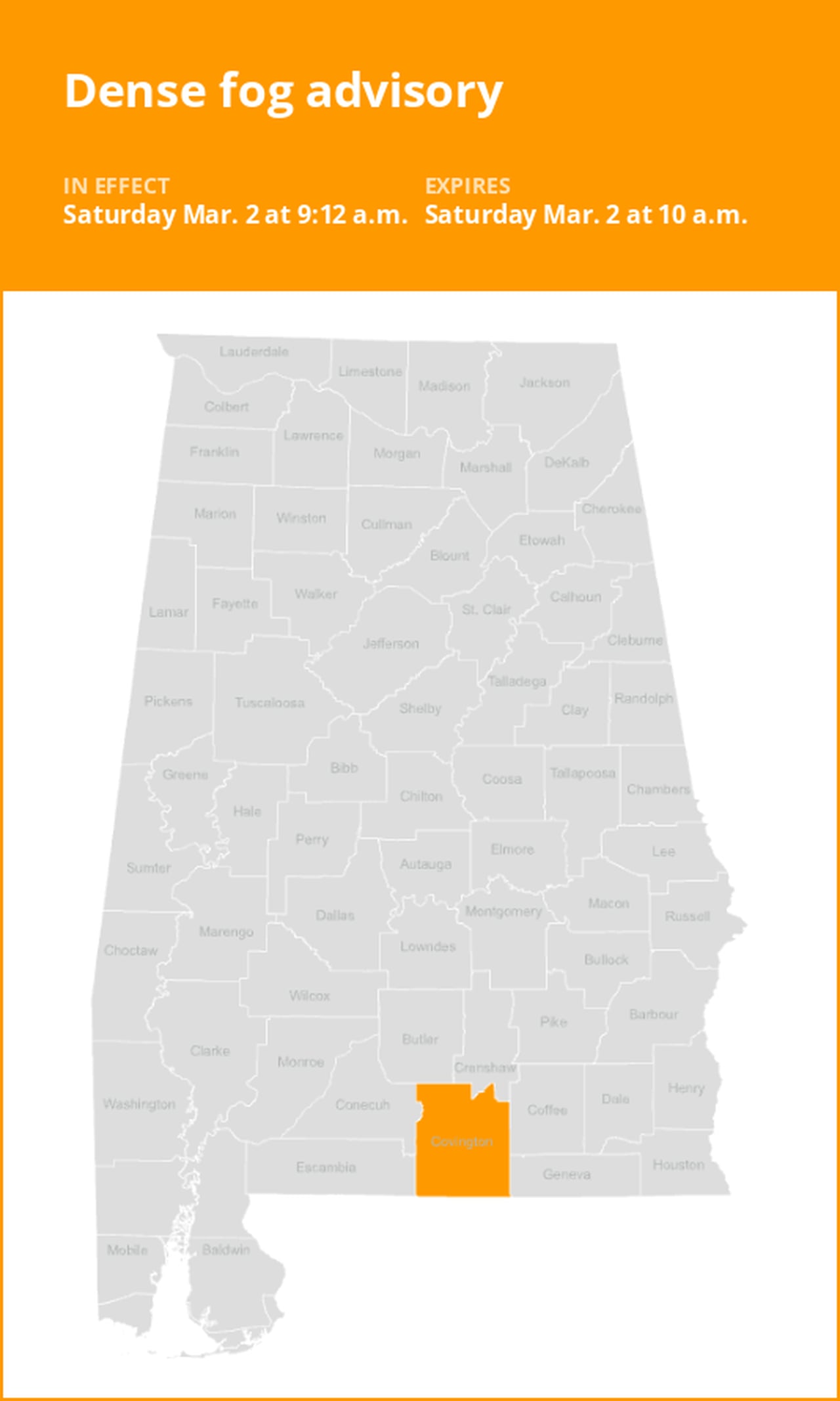 Dense fog advisory issued for Covington County Saturday morning