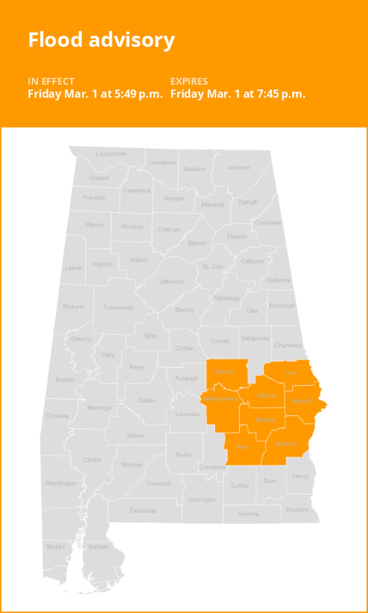Flood advisory affecting Alabama Friday evening