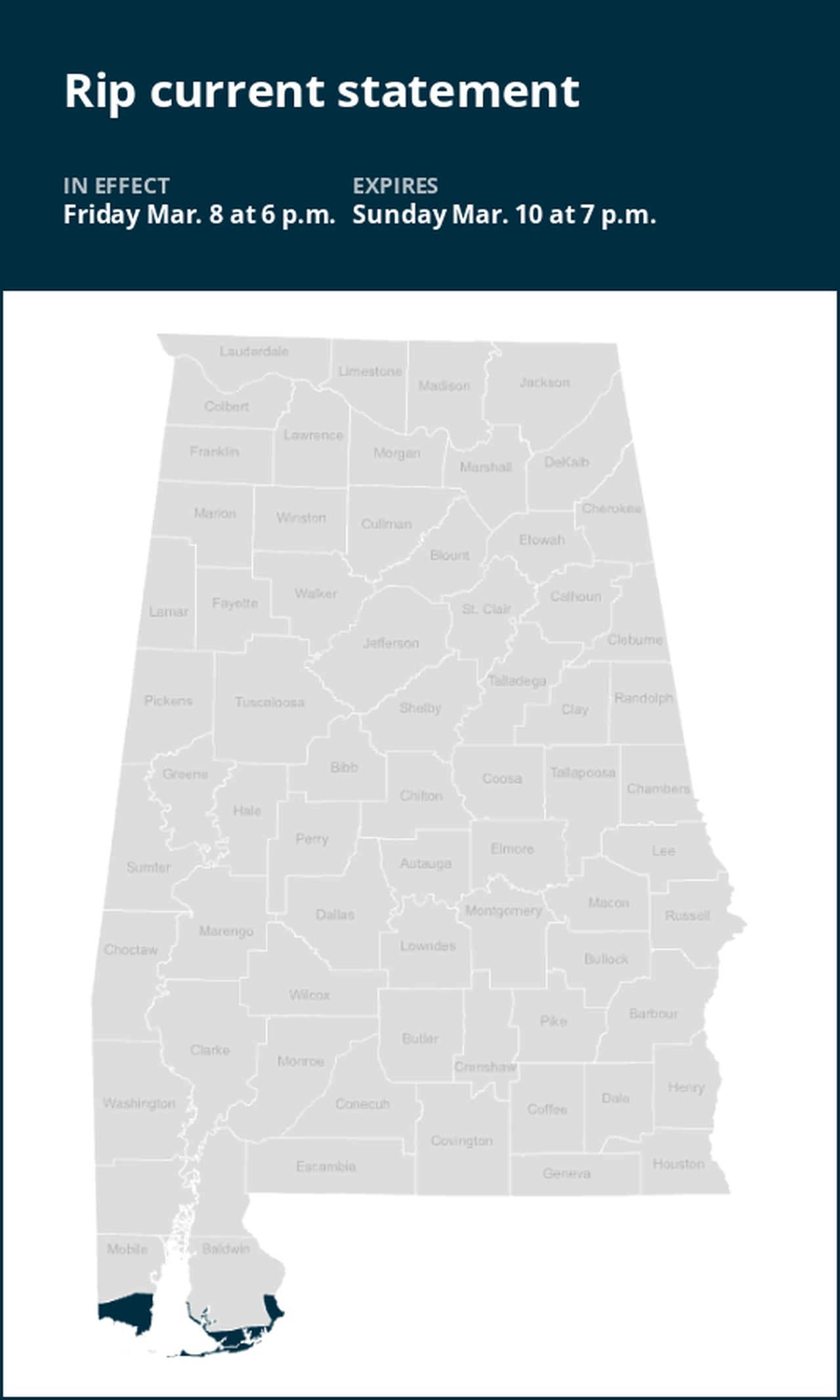 Rip current statement for Mobile and Baldwin counties from Friday to Sunday