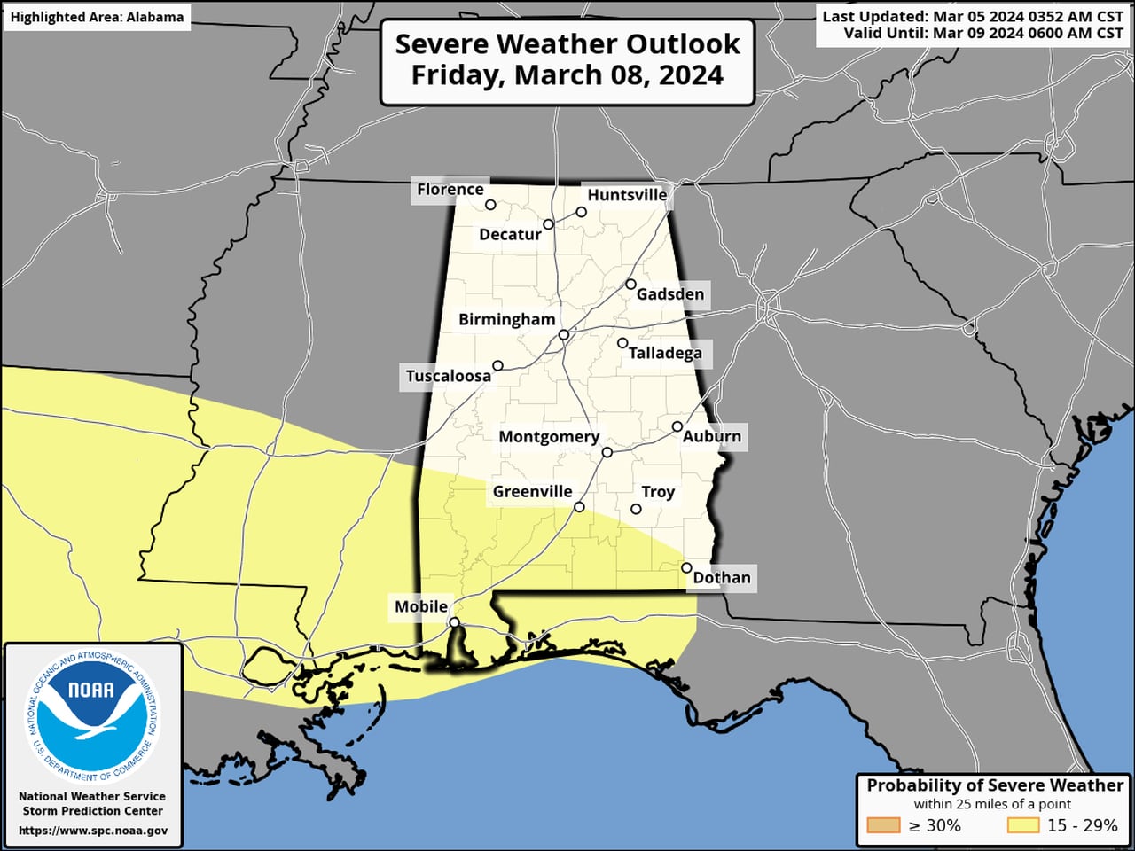 When will Alabama get the most rain this week?